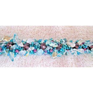 Lilybead Blue Brown Plum Clear Hand Beaded Guatemalan Bracelet  7 1/4"